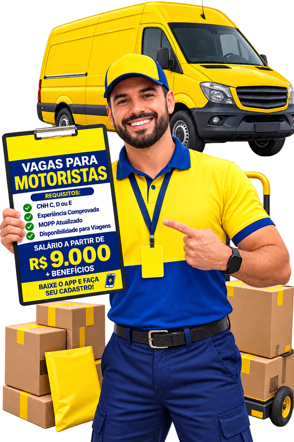 Motorista ao lado de uma van e pacotes